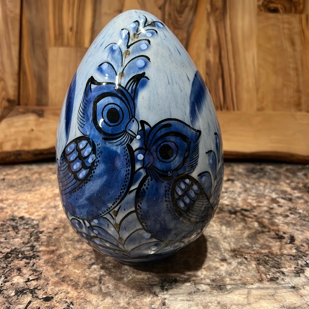 Owls, bird, and floral painted pottery/ceramic egg